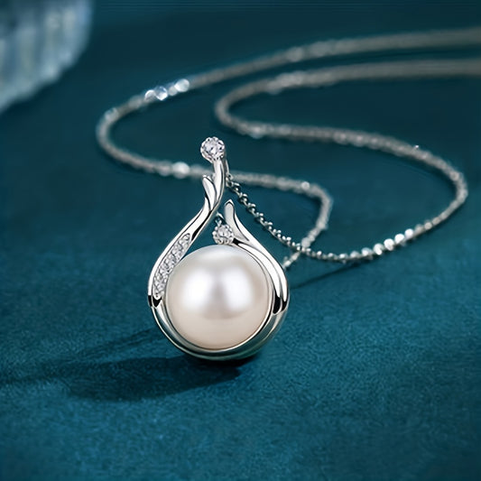 925 Sterling Silver Platinum Faux Pearl Pendant Necklace - Fine Clavicle Chain Gift