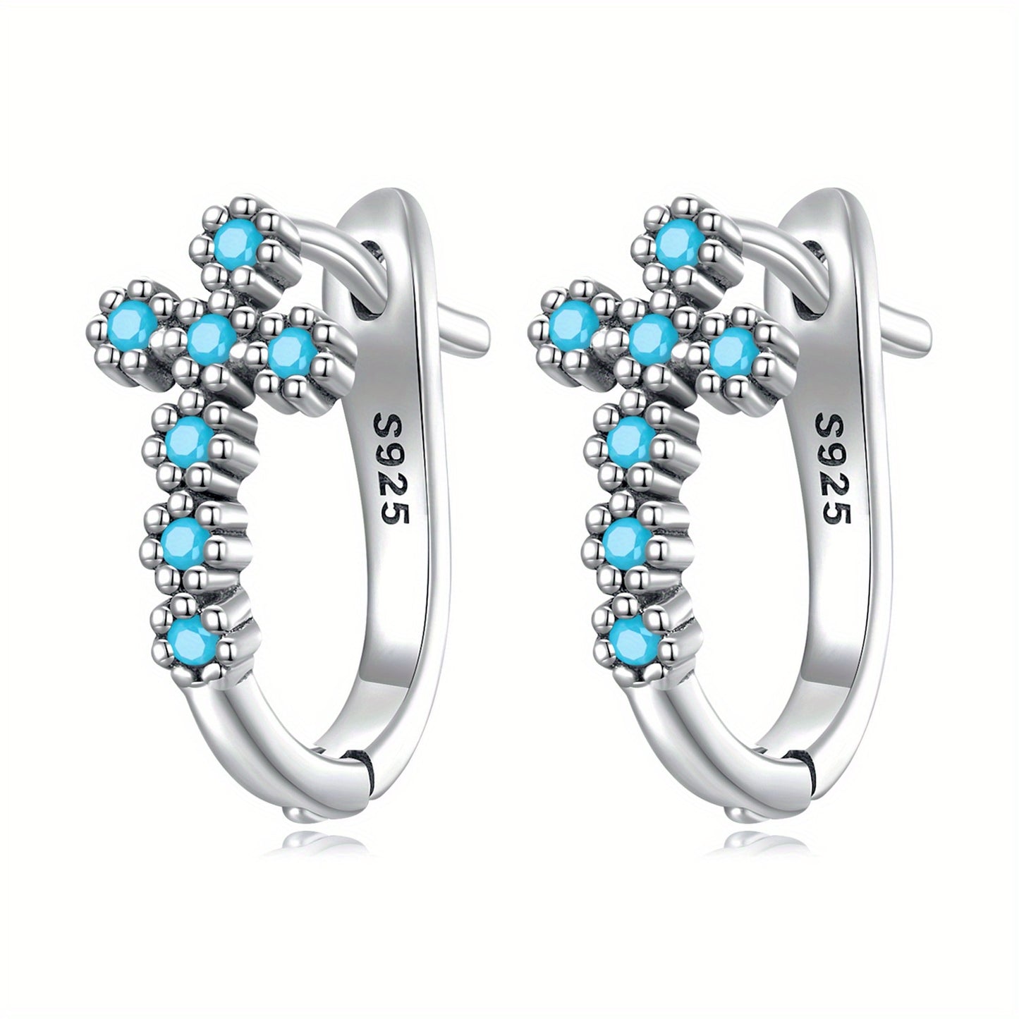 925 Sterling Silver Cross Pattern Turquoise Decor Hoop Earrings - Elegant Female Gift