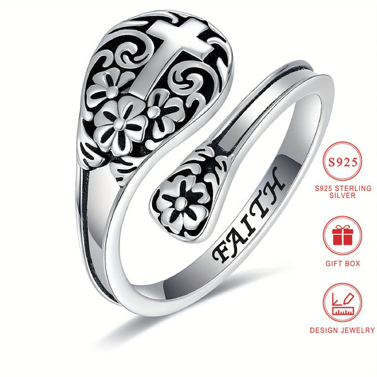 925 Sterling Silver Spoon Ring - 18k Gold Plated Retro Cross + 3D Flower Design