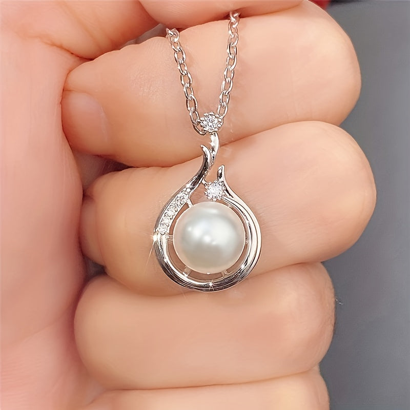 925 Sterling Silver Platinum Faux Pearl Pendant Necklace - Fine Clavicle Chain Gift